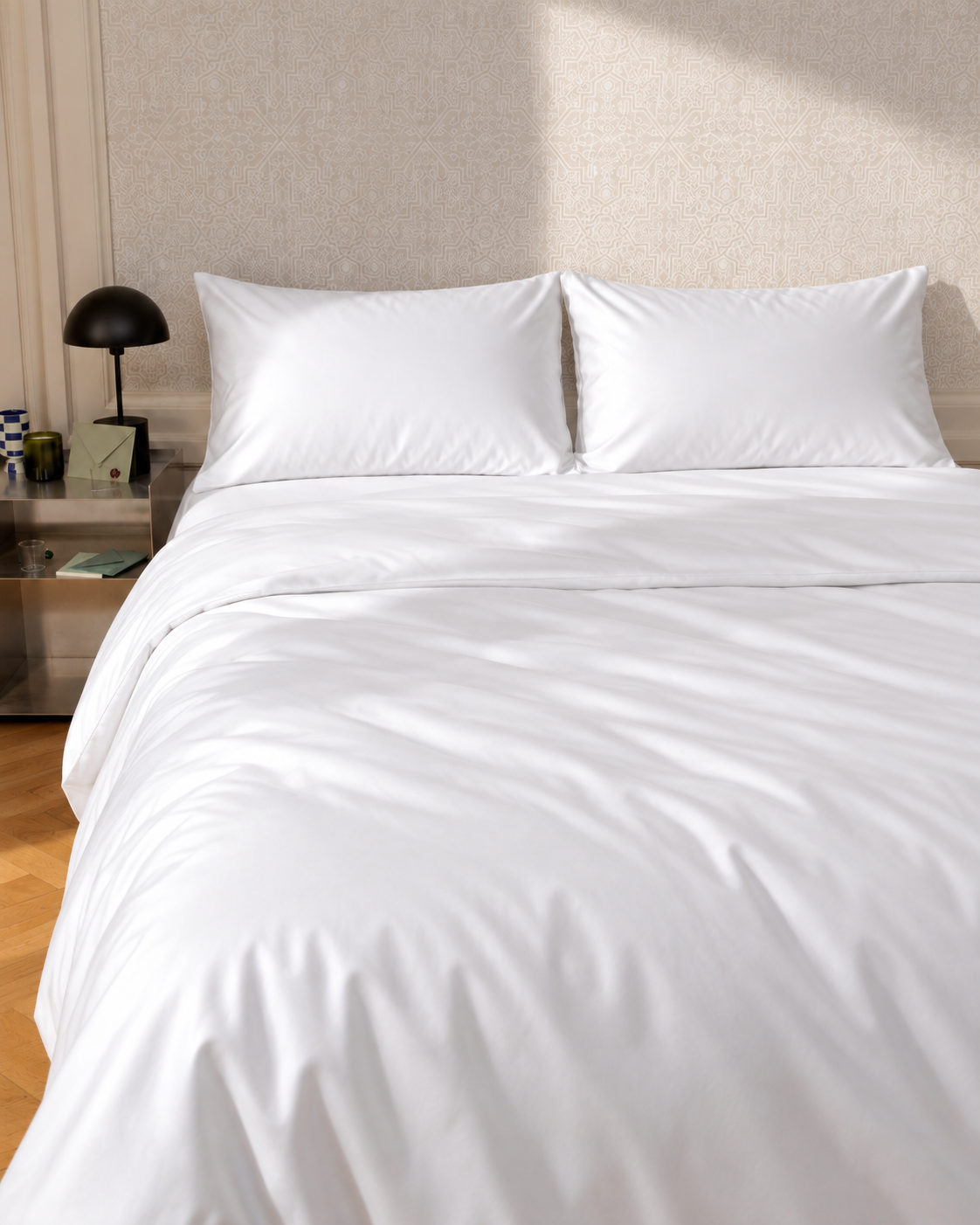 Cotton Sateen Pillowcases, two pillows in their cases on a made bed
