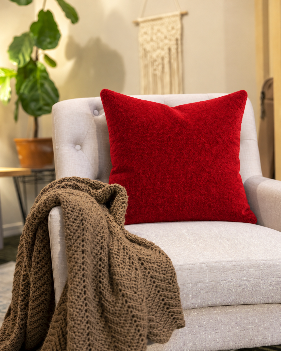 Crimson Cotton Velvet Pillow Cover, on a rattan armchair