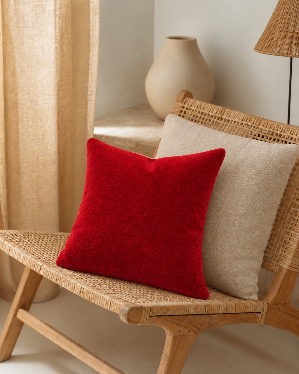 Crimson Cotton Velvet Pillow Cover, on a rattan armchair