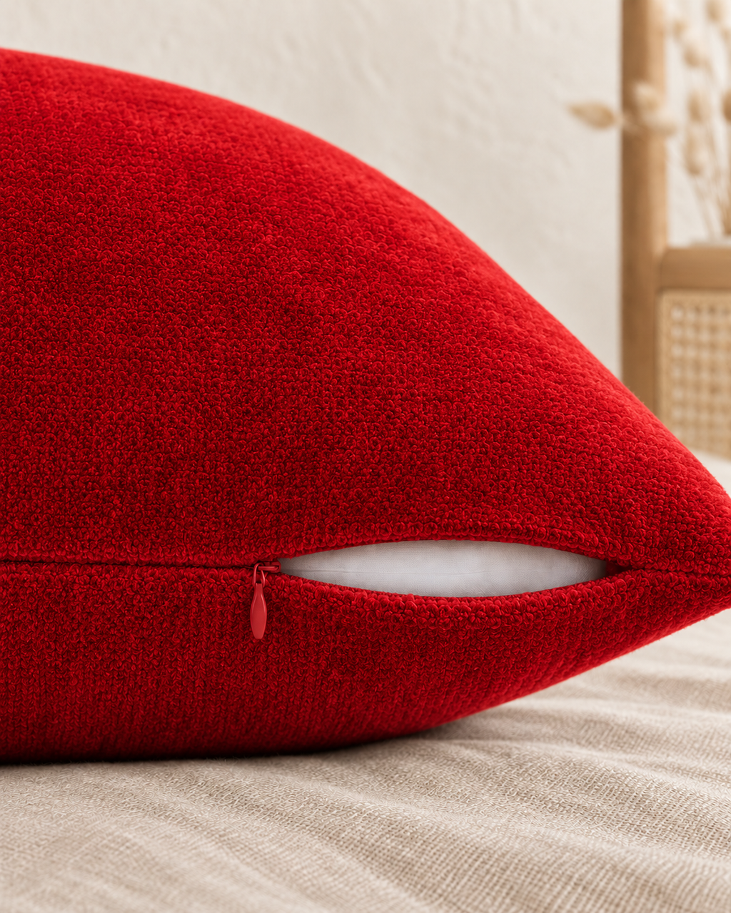 Crimson Cotton Velvet Pillow Cover, zipper and edge detail