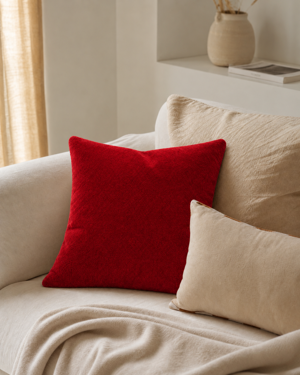 Crimson Cotton Velvet Pillow Cover, on a linen sofa