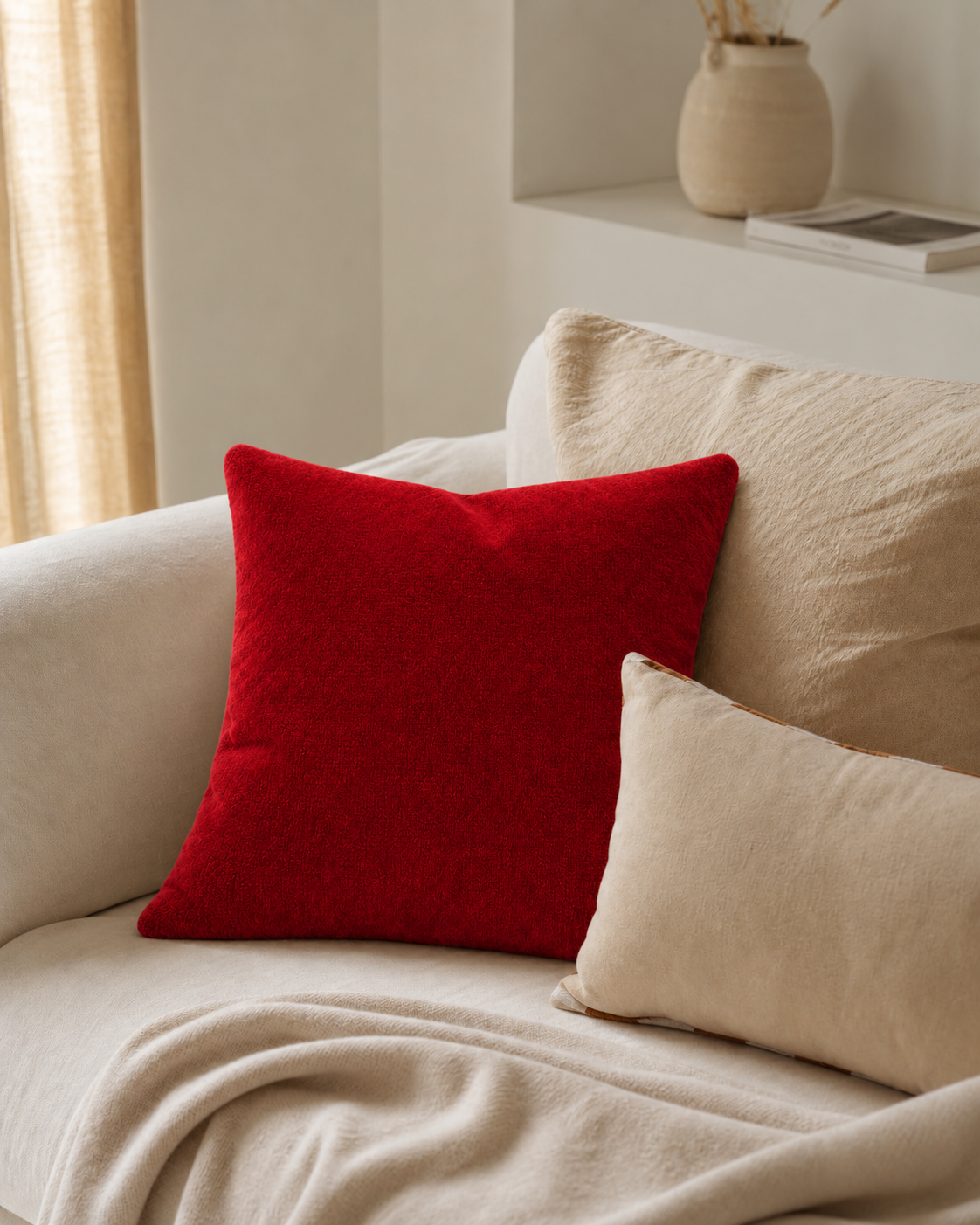 Crimson Cotton Velvet Pillow Cover, on a linen sofa