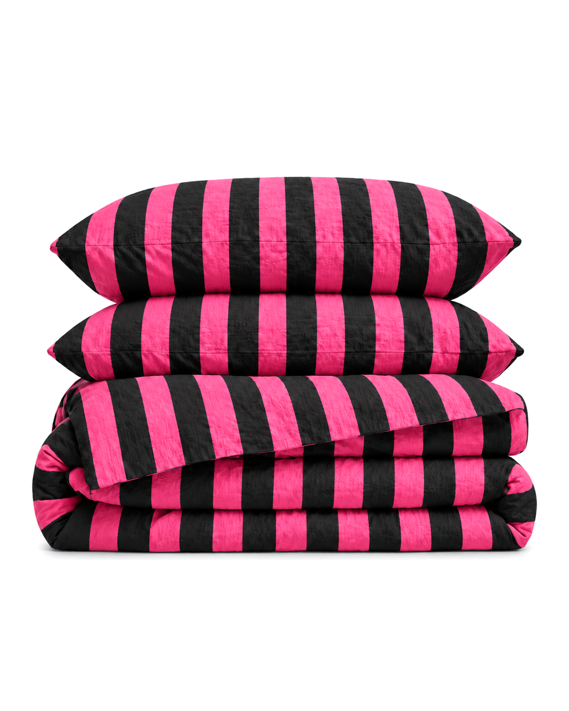 Cabana Stripe Cotton Seersucker Duvet Cover Set in Black & Pink, folded with its shams