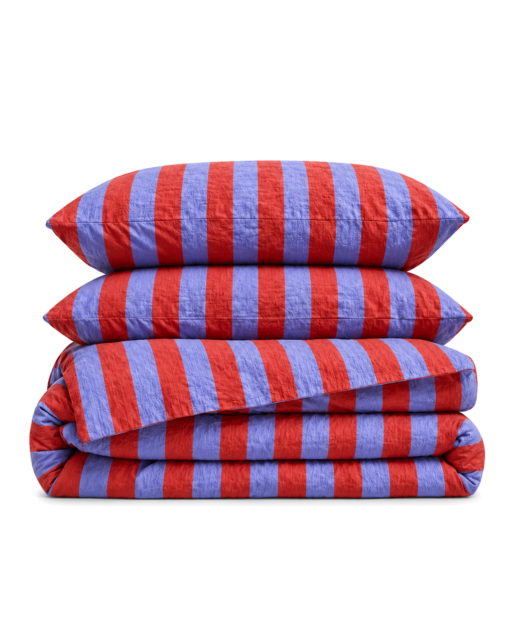 Cabana Stripe Cotton Seersucker Duvet Cover Set in Periwinkle & Red, folded with its shams