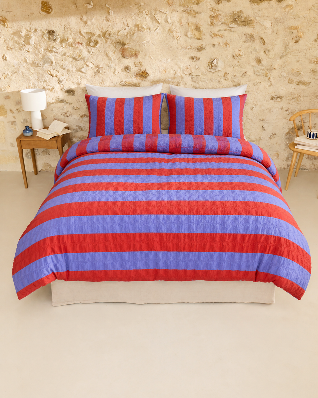 Cabana Stripe Cotton Seersucker Duvet Cover Set in Periwinkle & Red, bedroom view