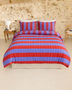 Cabana Stripe Cotton Seersucker Duvet Cover Set in Periwinkle & Red, bedroom view