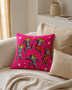 Dancing Skeletons Cotton Velvet Pillow Cover, on a linen sofa