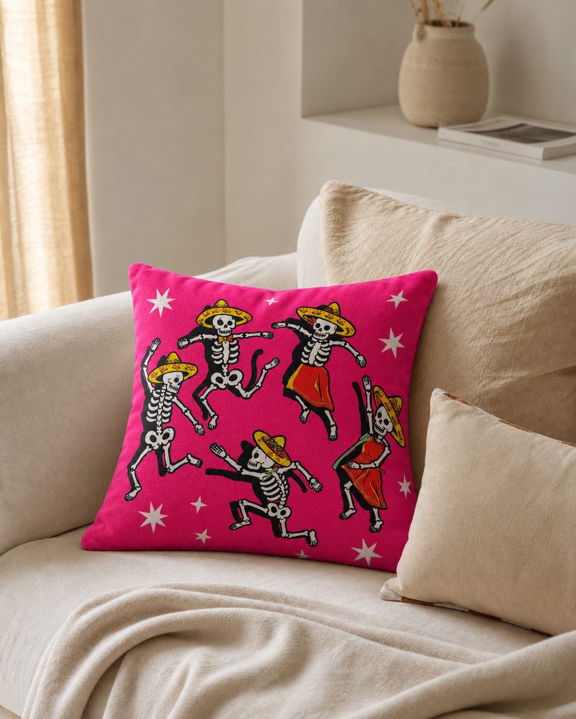 Dancing Skeletons Cotton Velvet Pillow Cover, on a linen sofa