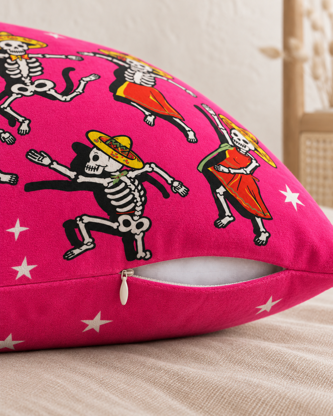 Dancing Skeletons Cotton Velvet Pillow Cover, zipper and edge detail