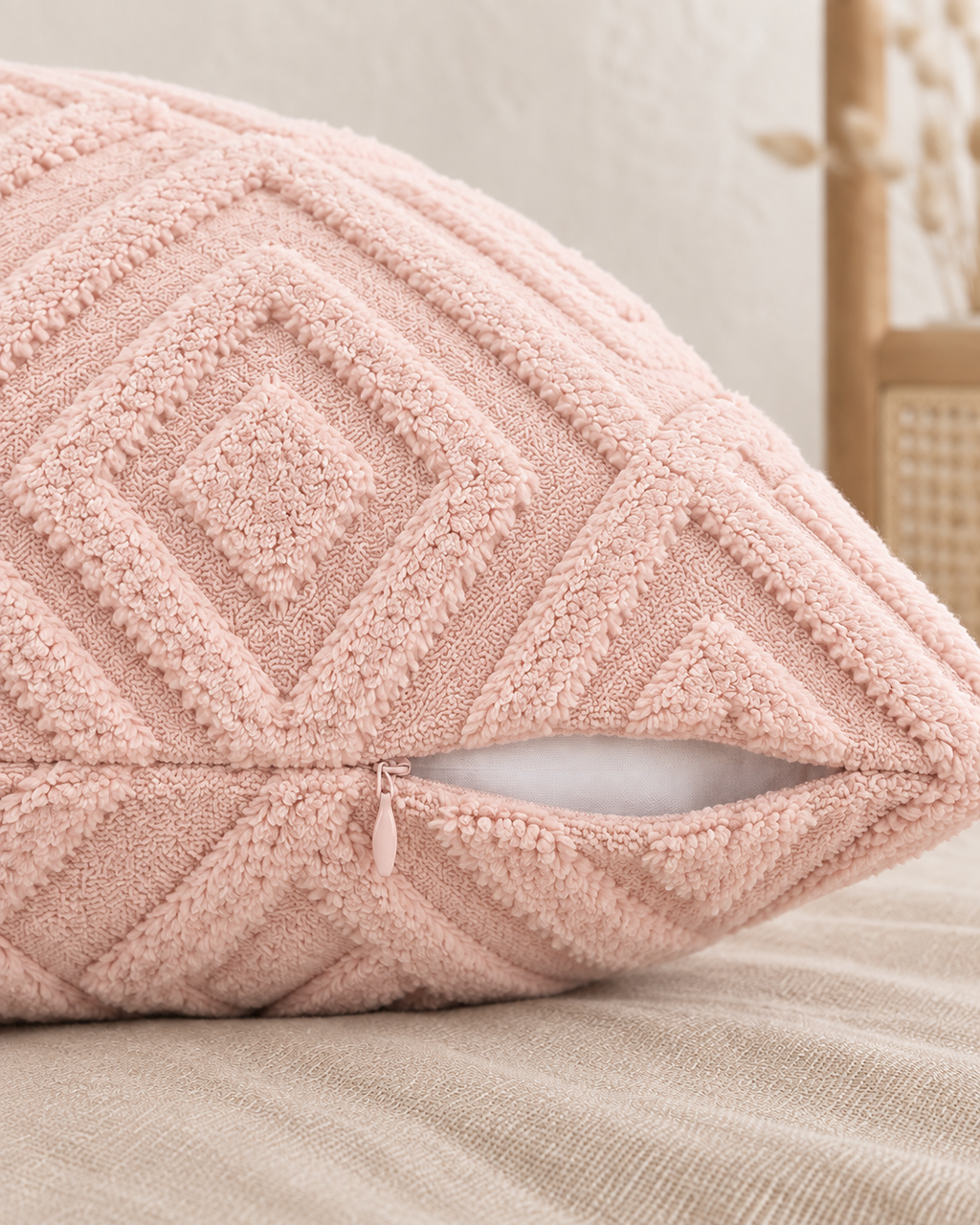 Diamond Tufted Cotton Pillow Cover in Blush, zipper and edge detail