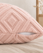 Diamond Tufted Cotton Pillow Cover in Blush, zipper and edge detail