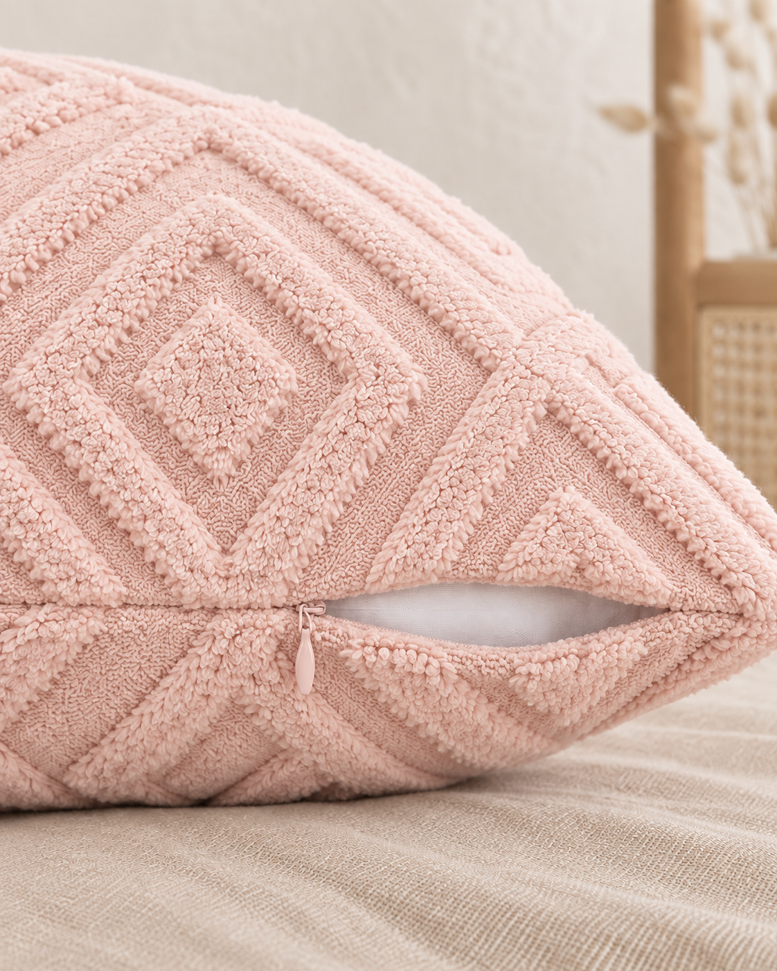 Diamond Tufted Cotton Pillow Cover in Blush, zipper and edge detail