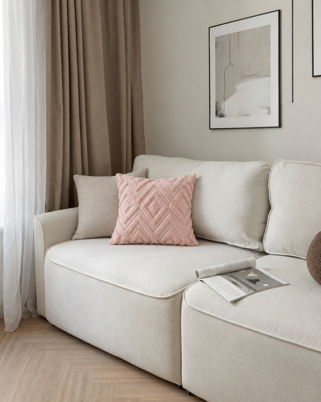 Diamond Tufted Cotton Pillow Cover in Blush, on a linen sofa