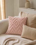 Diamond Tufted Cotton Pillow Cover in Blush, on a linen sofa