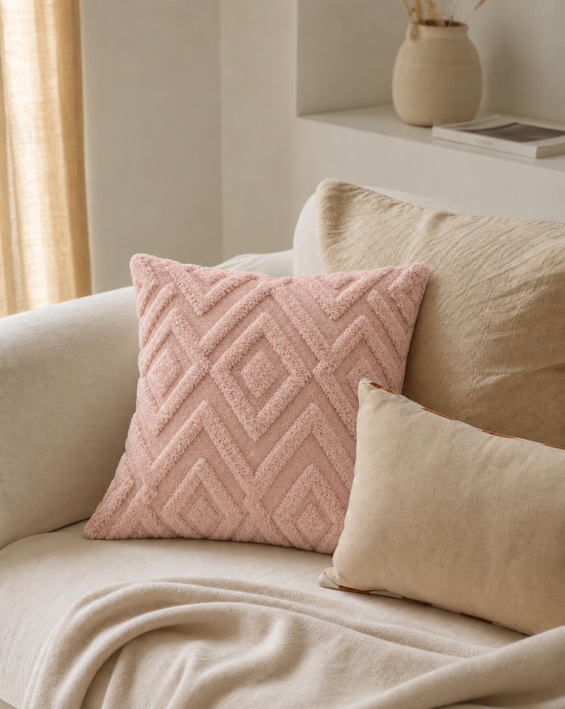 Diamond Tufted Cotton Pillow Cover in Blush, on a linen sofa
