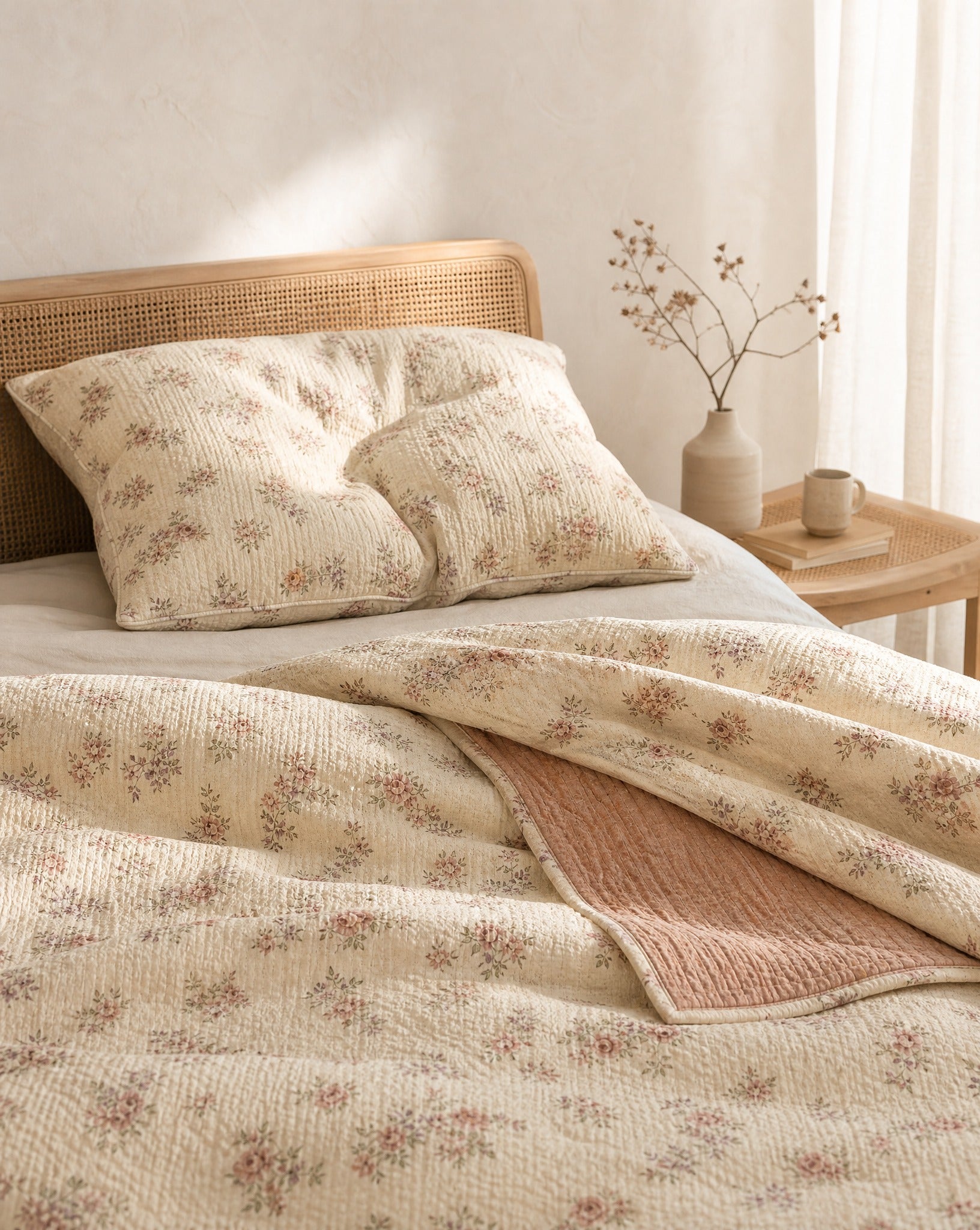 Ditsy Floral Duvet Set — on a made bed, morning light