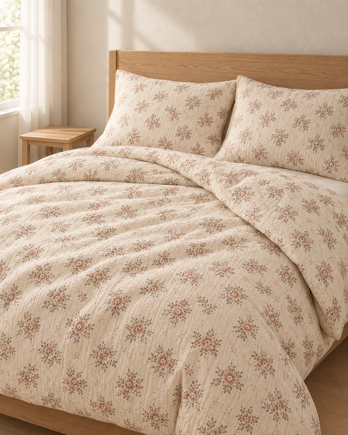 Ditsy Floral Duvet Set, on a made bed in morning light