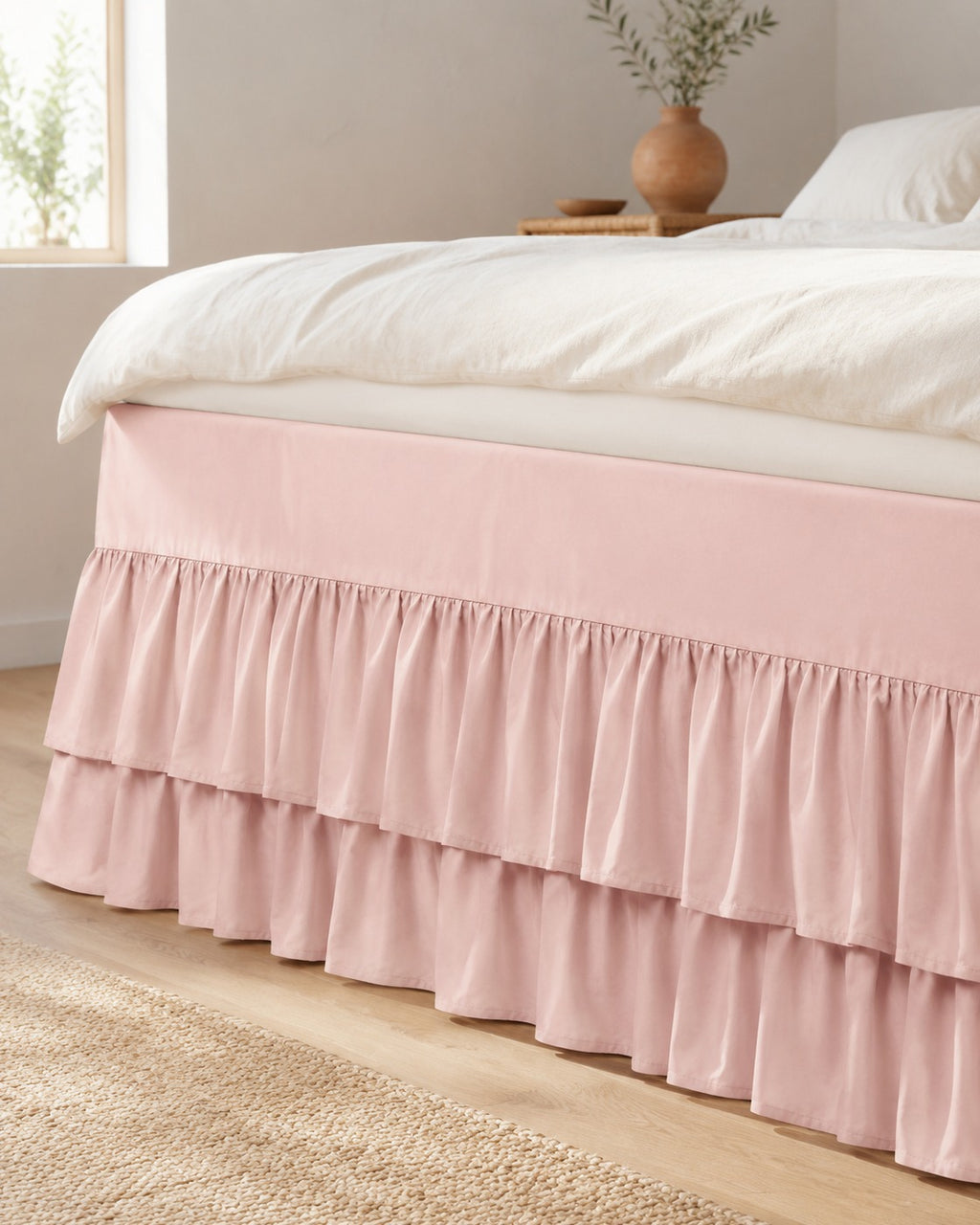 Double Ruffle Bed Skirt — on a made bed, morning light