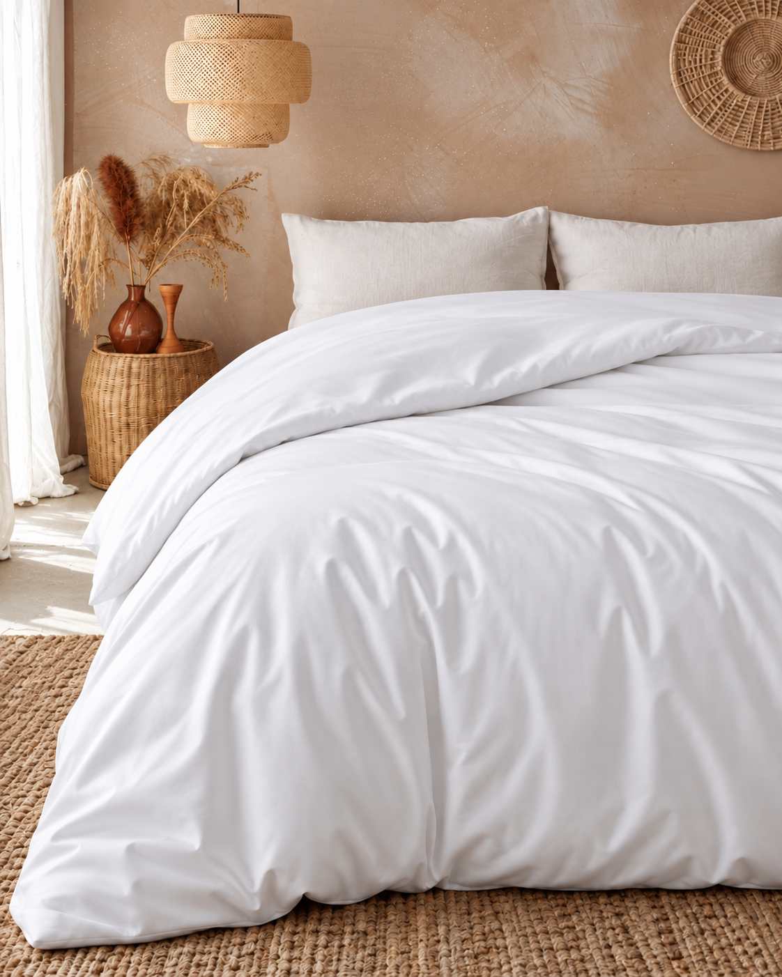 Egyptian Cotton Sateen Duvet Cover, on a made bed in raking light
