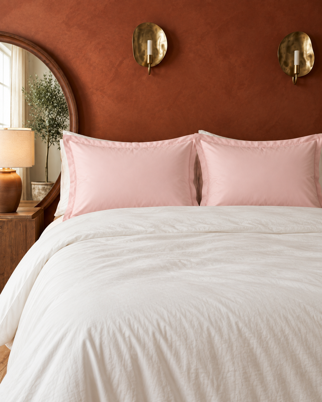 Egyptian Cotton Sateen Shams, standing in front of the sleeping pillows on a made bed