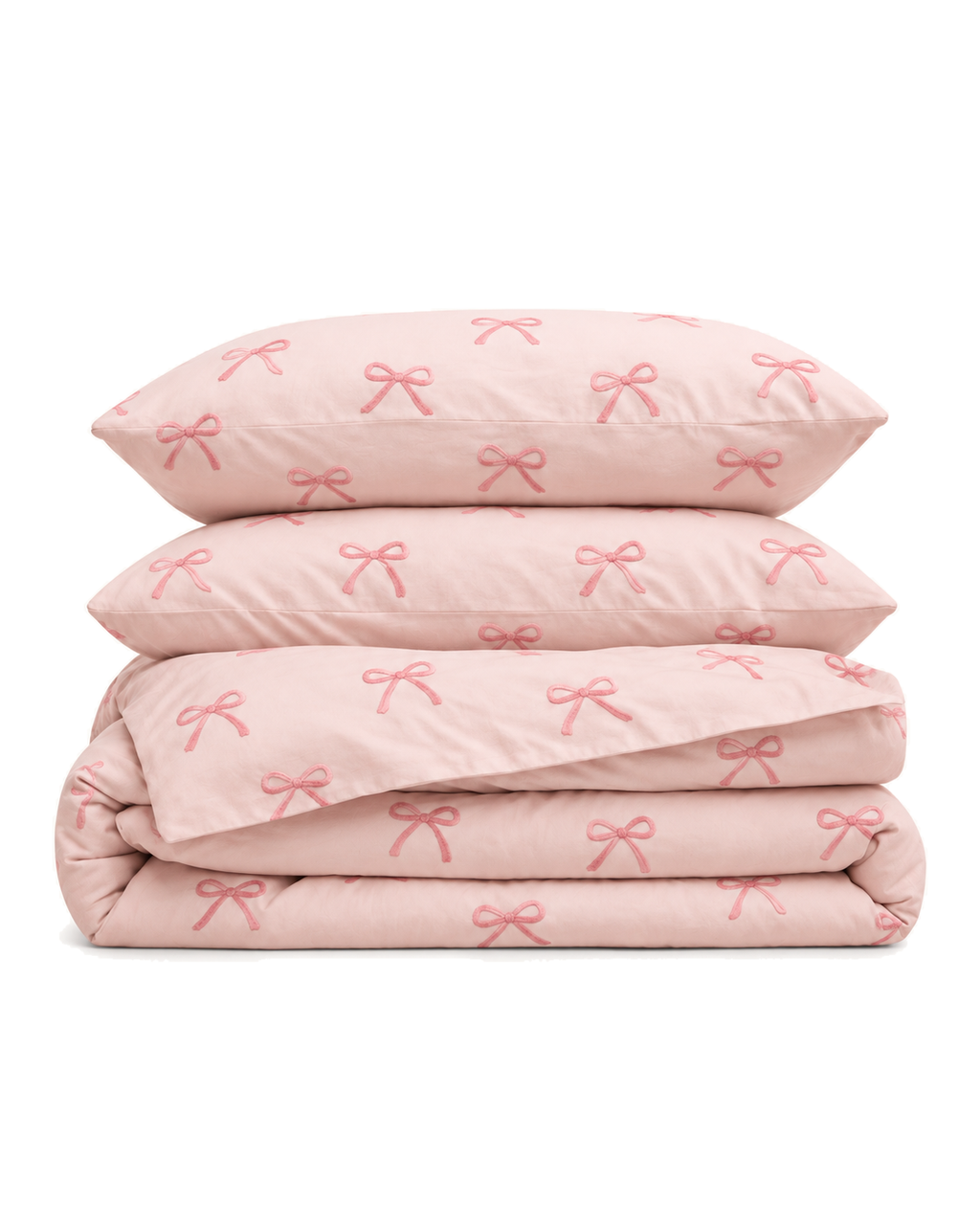 Embroidered Bow Cotton Sateen Duvet Cover Set in Blush, folded with its shams