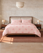 Embroidered Bow Cotton Sateen Duvet Cover Set in Blush, bedroom view
