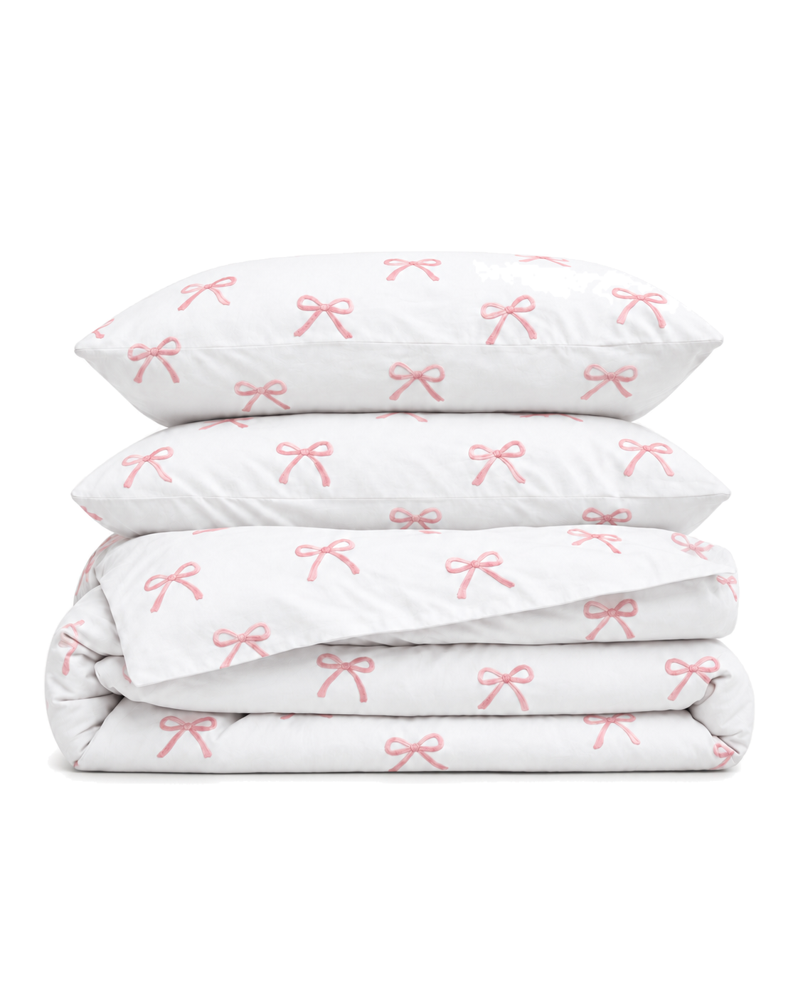 Embroidered Bow Cotton Sateen Duvet Cover Set in White, folded with its shams