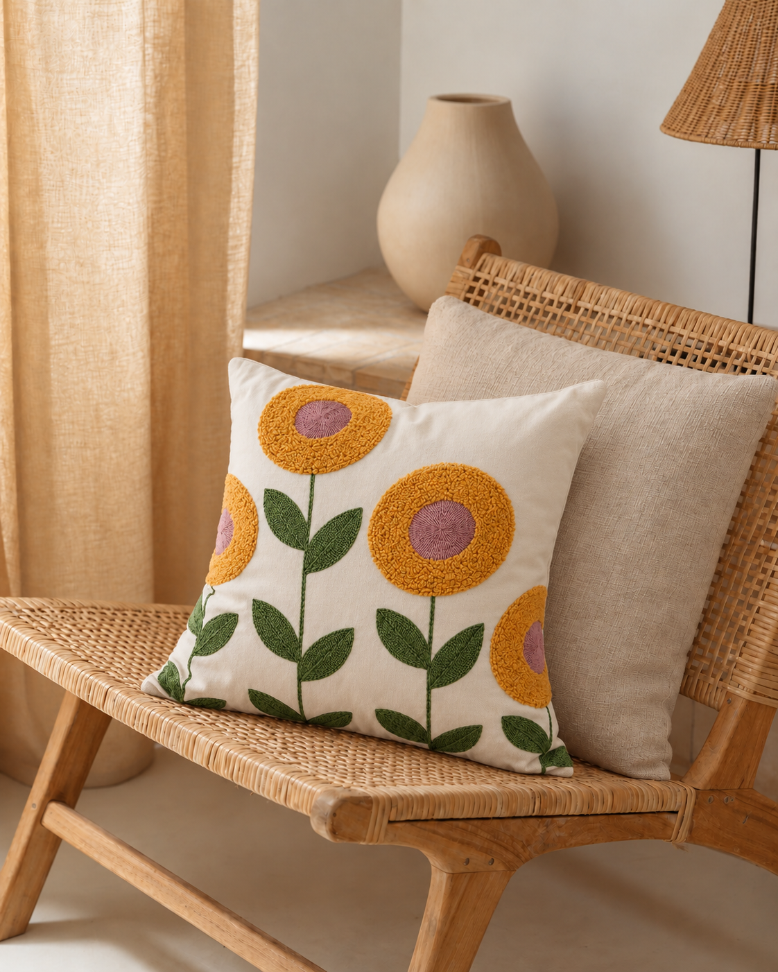 Embroidered Flower Linen Pillow Cover, on a rattan armchair