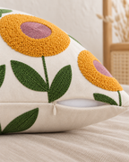 Embroidered Flower Linen Pillow Cover, zipper and edge detail