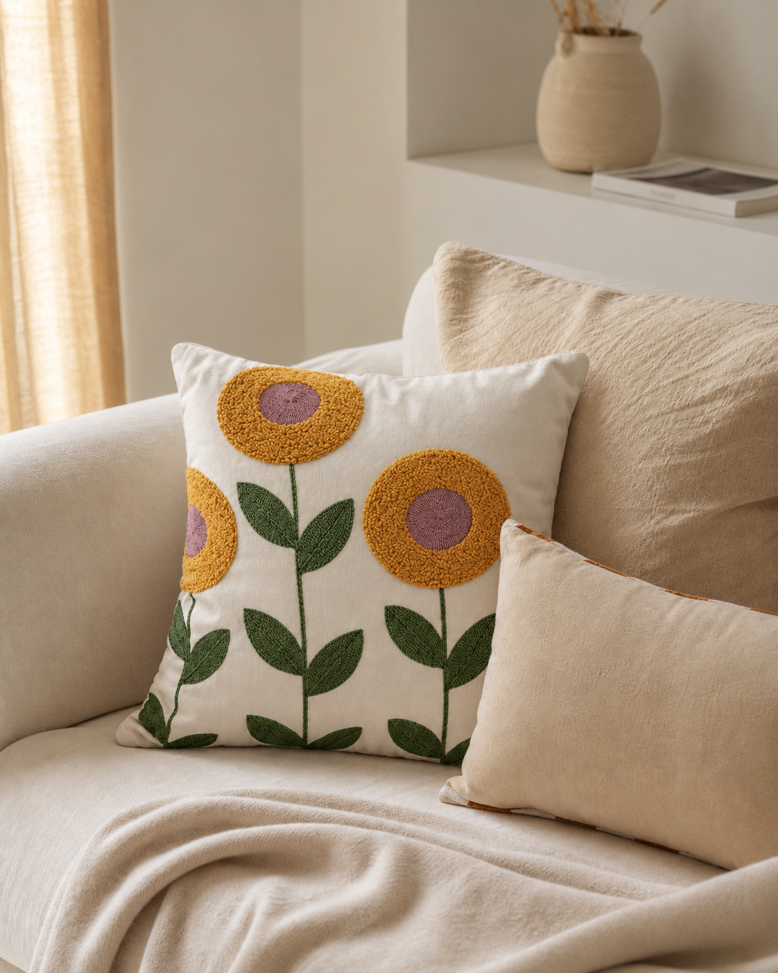 Embroidered Flower Linen Pillow Cover, on a linen sofa