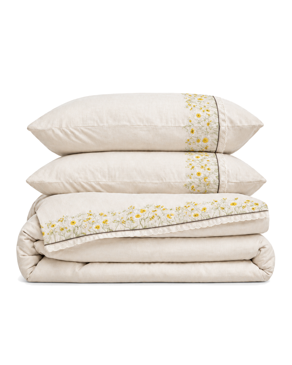 Embroidered Lace Cotton-Linen Duvet Cover Set in Daisy, folded with its shams