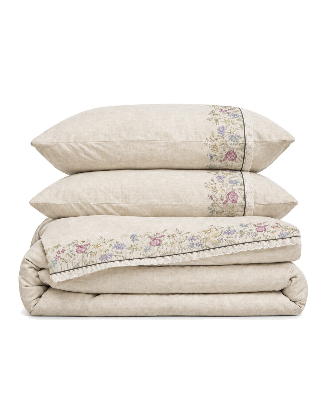Embroidered Lace Cotton-Linen Duvet Cover Set in Lilac Vine, folded with its shams