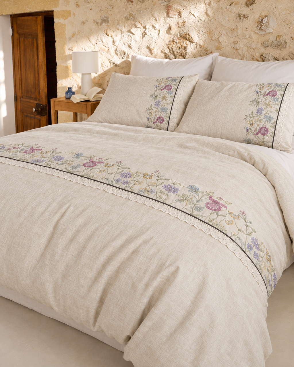 Embroidered Lace Cotton-Linen Duvet Cover Set in Lilac Vine, made bed seen from above