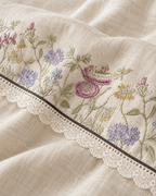Embroidered Lace Cotton-Linen Duvet Cover Set in Lilac Vine, sham corner and seam