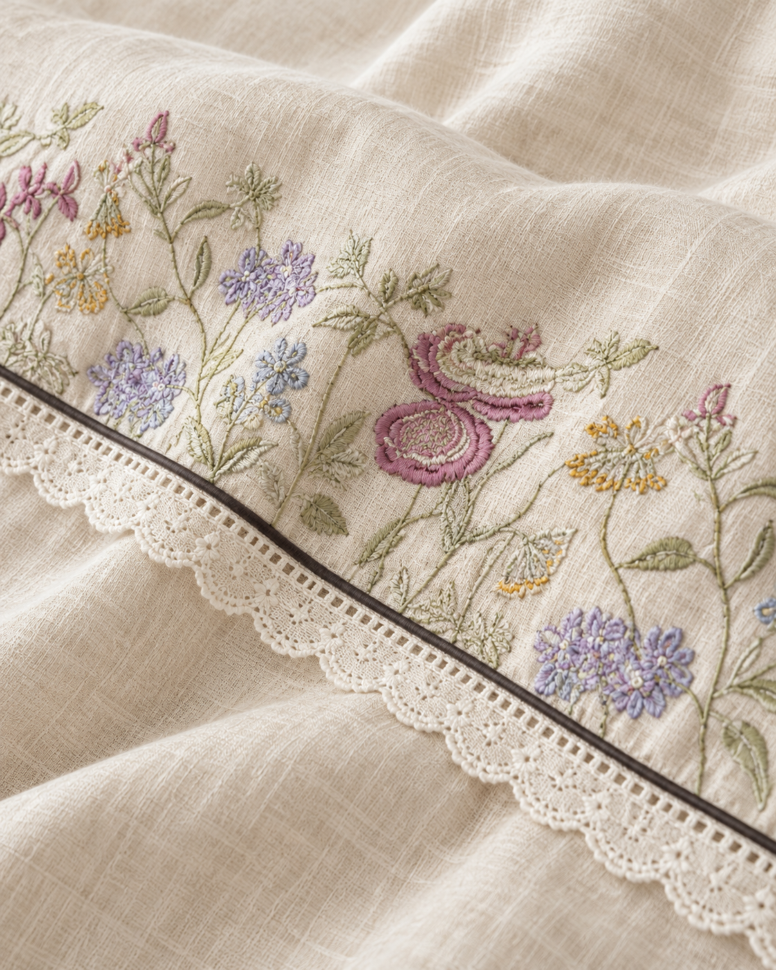 Embroidered Lace Cotton-Linen Duvet Cover Set in Lilac Vine, sham corner and seam