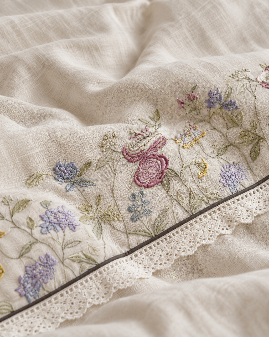 Embroidered Lace Cotton-Linen Duvet Cover Set in Lilac Vine, fabric close-up