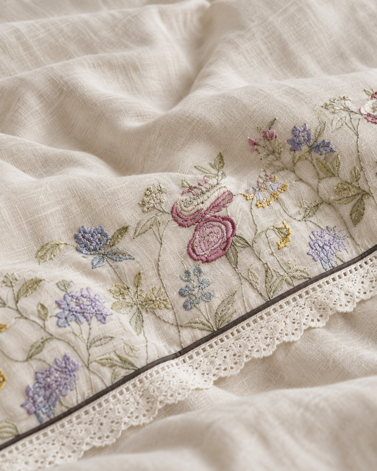 Embroidered Lace Cotton-Linen Duvet Cover Set, A plain weave that holds a print