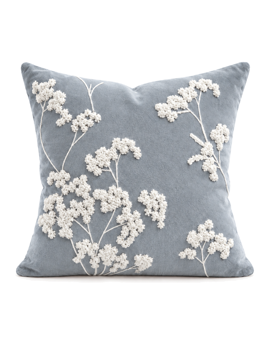 Embroidered Sprig Cotton Velvet Pillow Cover in Slate Blue, front view