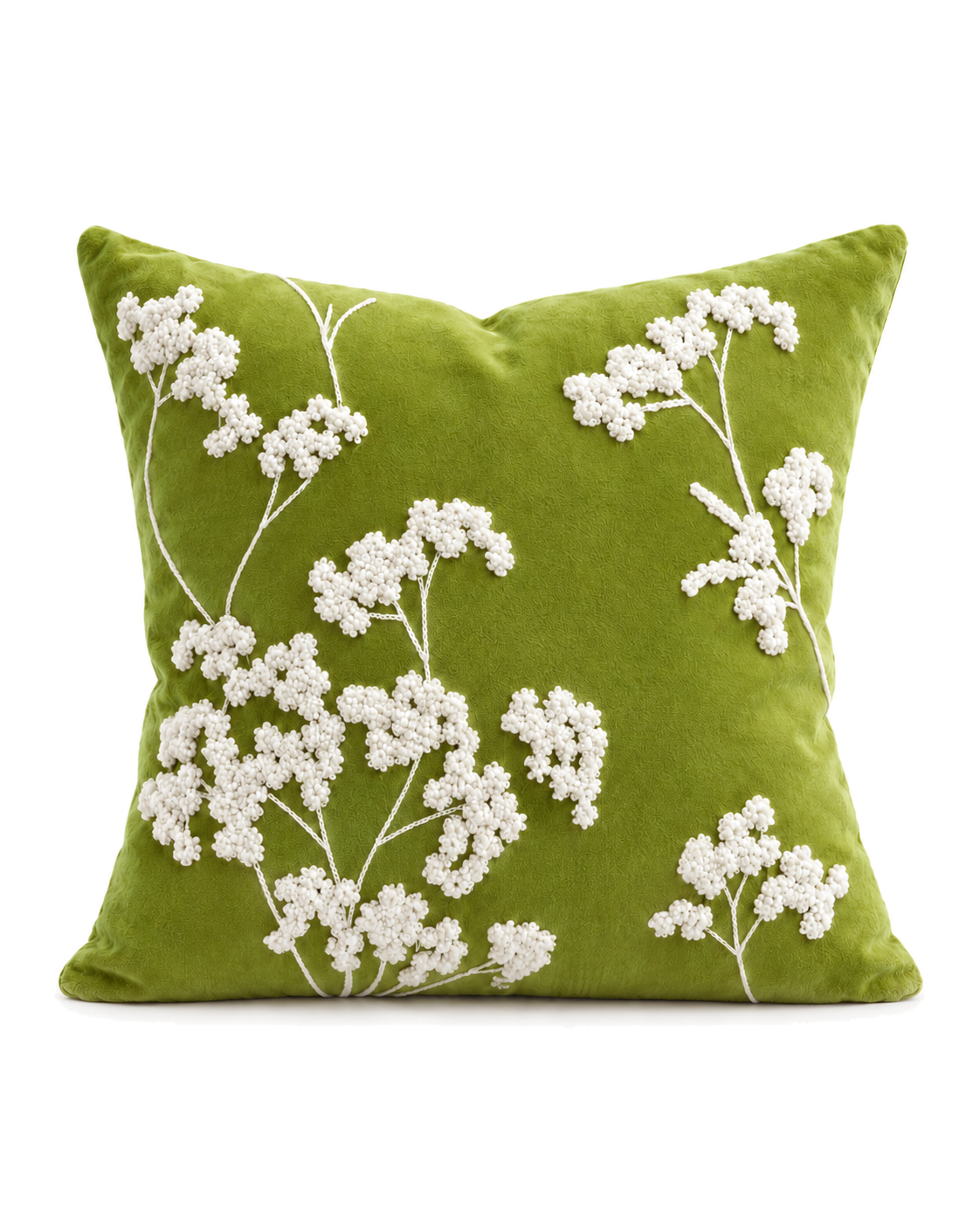 Embroidered Sprig Cotton Velvet Pillow Cover in Olive, front view