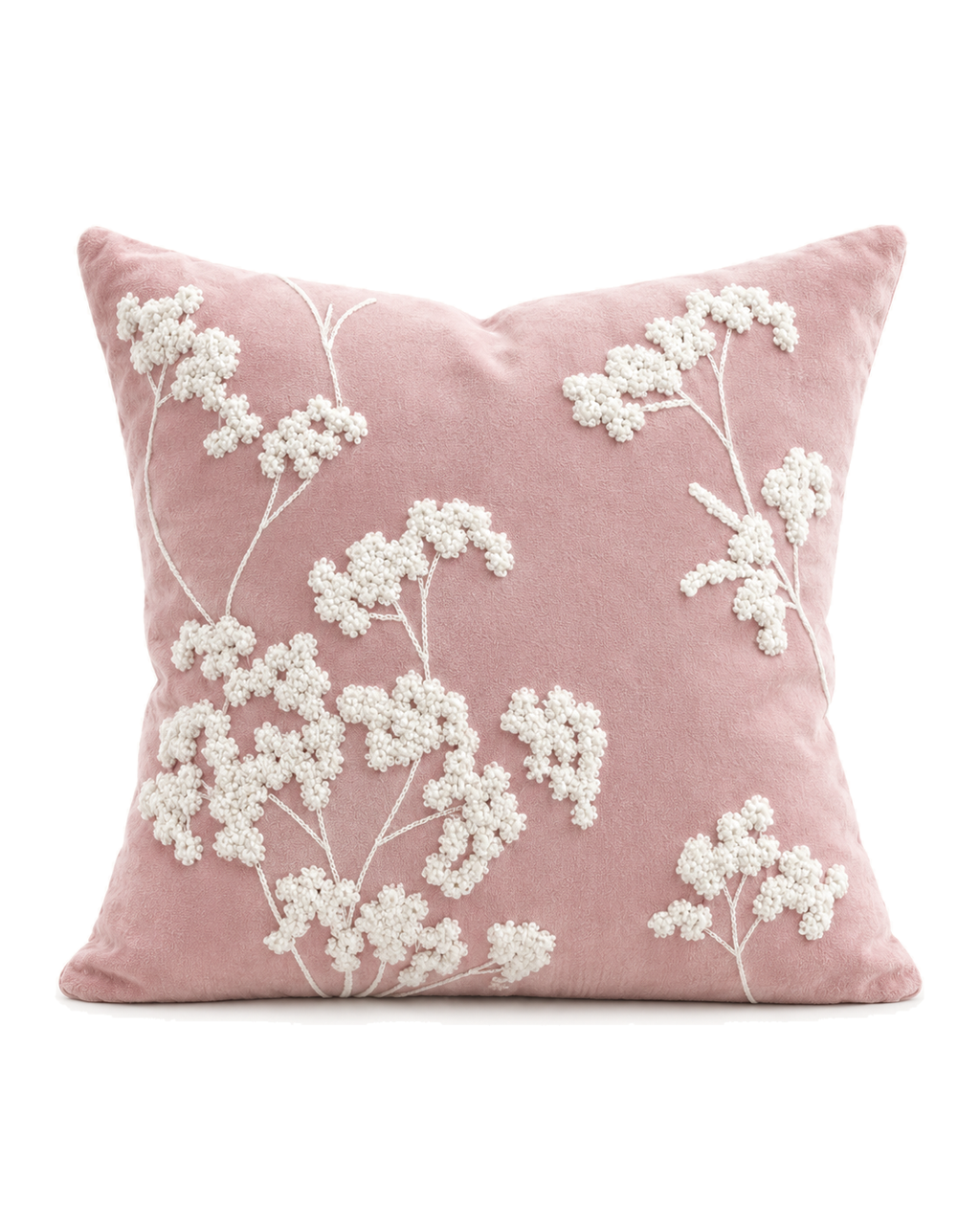 Embroidered Sprig Cotton Velvet Pillow Cover in Rose, front view