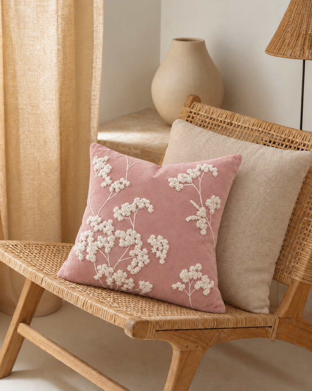 Embroidered Sprig Cotton Velvet Pillow Cover in Rose, on a rattan armchair