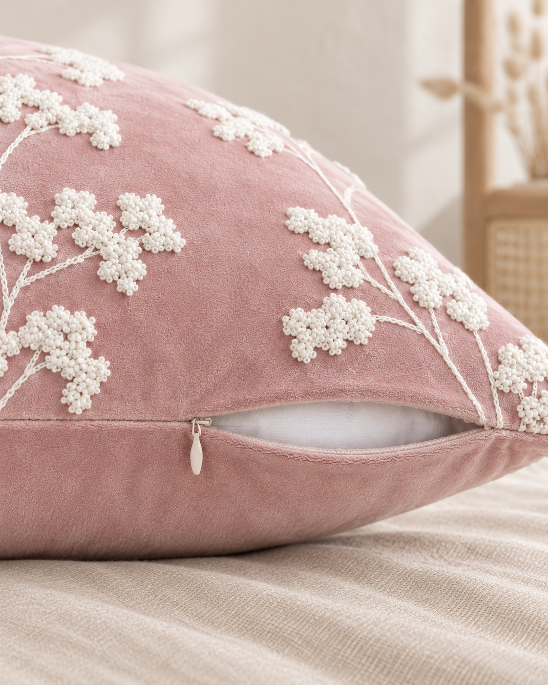 Embroidered Sprig Cotton Velvet Pillow Cover in Rose, zipper and edge detail