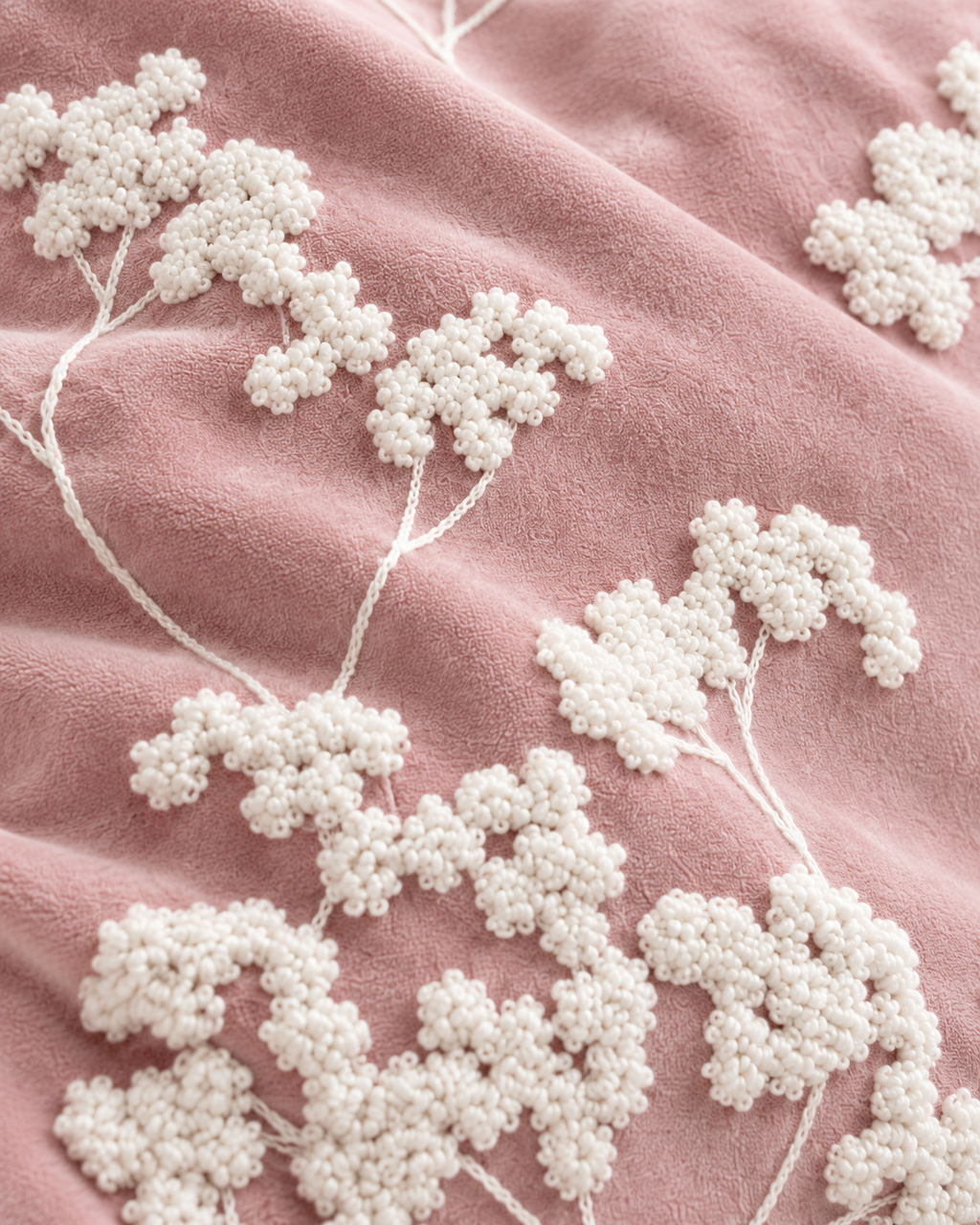 Embroidered Sprig Cotton Velvet Pillow Cover in Rose, fabric close-up