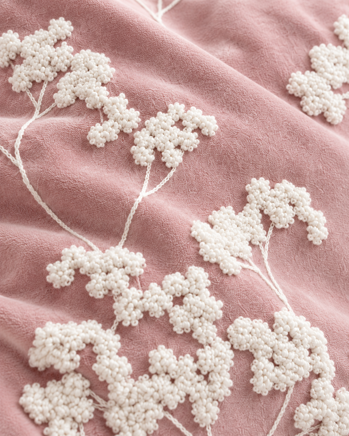 Embroidered Sprig Cotton Velvet Pillow Cover in Rose, fabric close-up