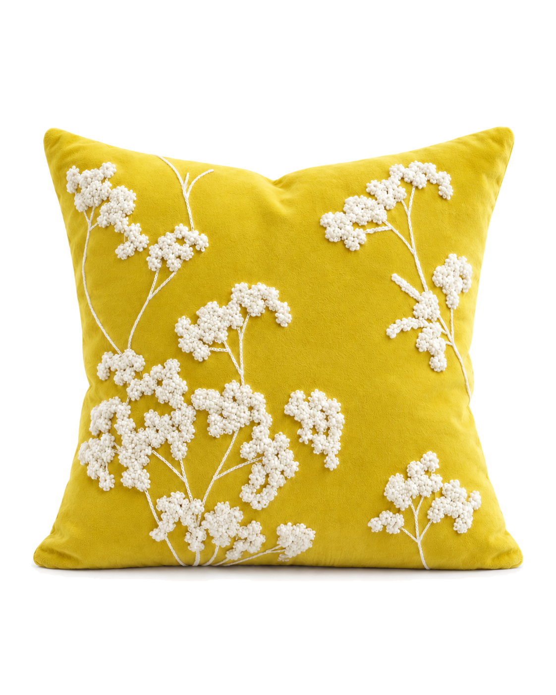 Embroidered Sprig Cotton Velvet Pillow Cover in Lemon, front view