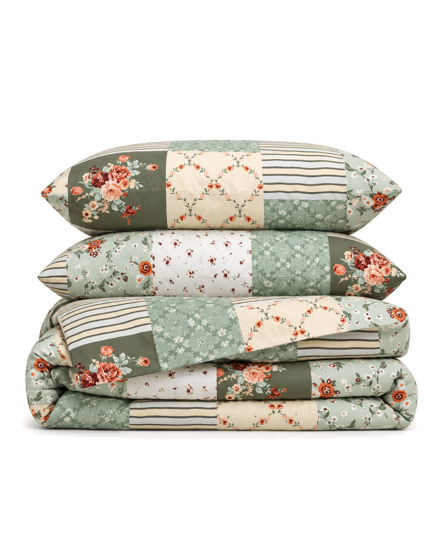 Floral Patchwork Cotton Sateen Duvet Cover Set, folded with its shams