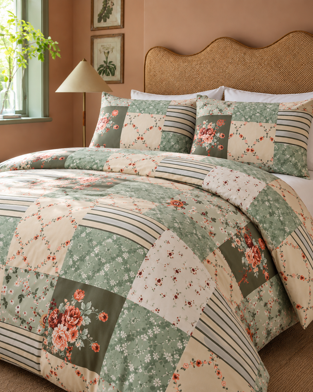 Floral Patchwork Cotton Sateen Duvet Cover Set, made bed seen from above