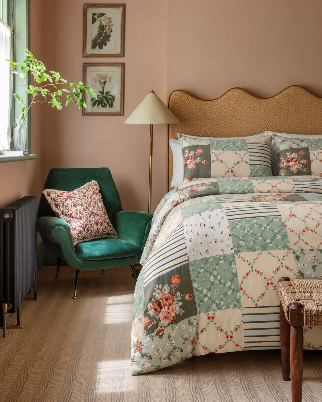 Floral Patchwork Cotton Sateen Duvet Cover Set, bedroom view