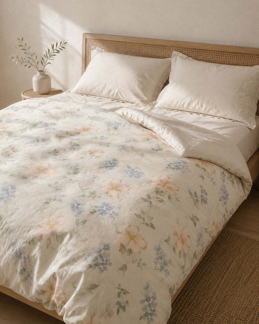 Floral Print Duvet Cover — on a made bed, morning light