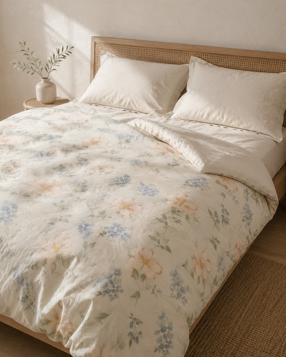 Floral Print Duvet Cover — on a made bed, morning light